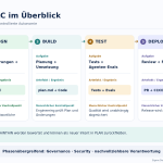 Der AI-native SDLC als Kreislauf mit den Phasen Plan, Design, Build, Test, Deploy und Maintain sowie Artefakten und menschlichen Freigaben